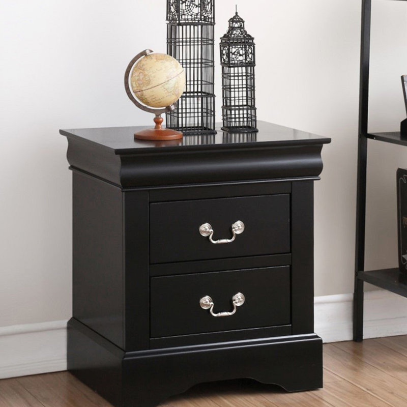 Table de chevet noire en bois avec 2 tiroirs et poignée coulissante lisse 2 po