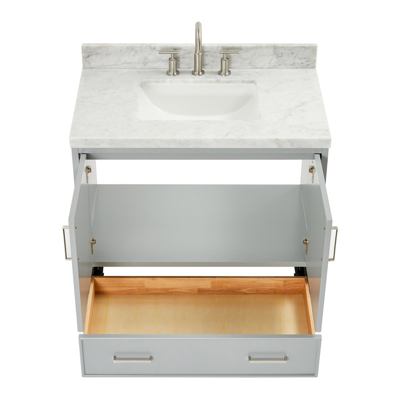 Meuble-lavabo sur pied simple 37 po avec plateau en marbre de Carrare Abshire, Rectangular, Gris