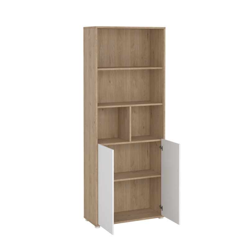  Embrie 31.34"W x 80.59" W 6 Shelf Bookcase With 2 Doors, Home Office Storage, White/Natural