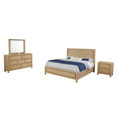 Modern Light Oak Bedroom Set With Panel Bed, Dresser, Mirror & Charging Nightstand