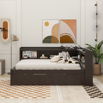 L-Shaped Bookcases Bed With Power Outlets, USB Charging Ports,Two Drawers