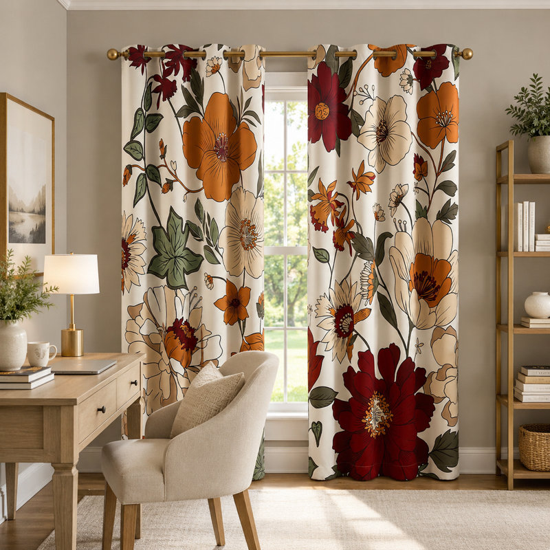 Rideaux occultant à motif floral rétro avec panneaux 84, Beige