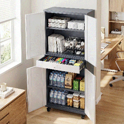 Armoire de rangement en métal 73 po, organisateur de rangement de garage avec roues, portes verrouillables, tiroir et tablettes réglables