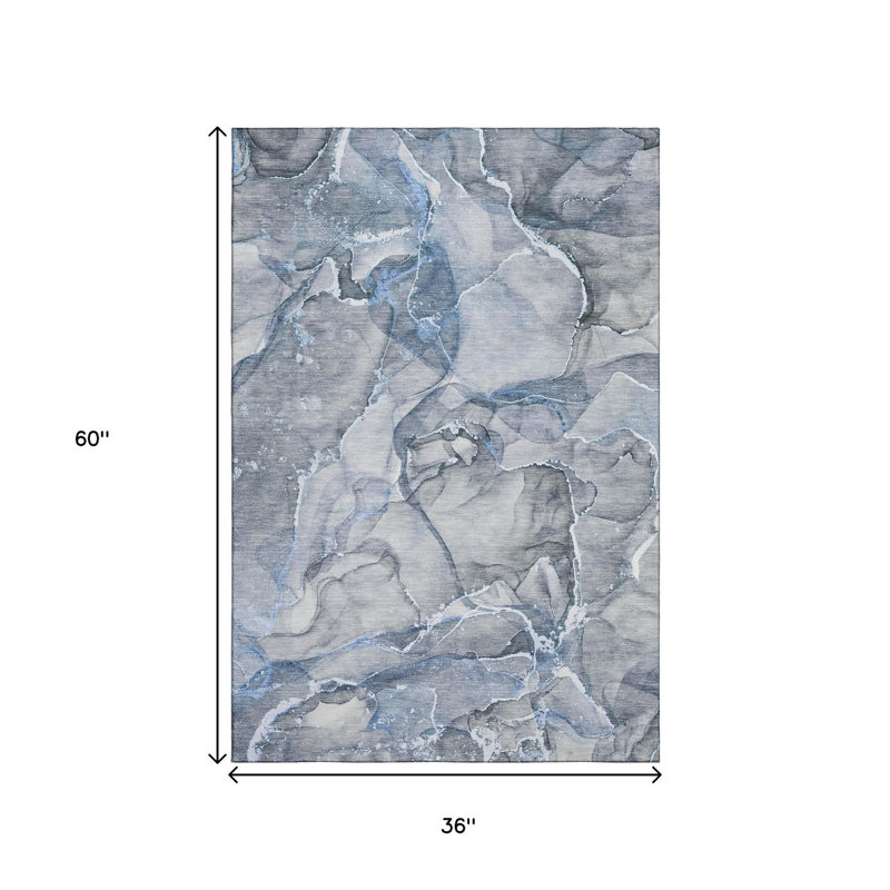 3' X 5' Blue And Ivory Abstract Washable Area Rug With UV Protection