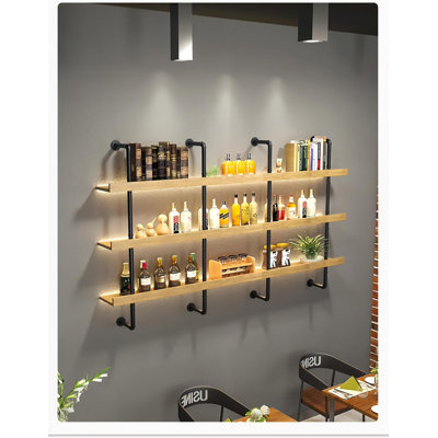 47 Inch Large Wall Mounted Wine Rack, 3 Tier Industrial Pipe Shelf Rustic Wood Floating Shelves, Wall Bar Shelves For Liquor Bottles Display Storage Organizer For Dining Room(Natural, No Lights)