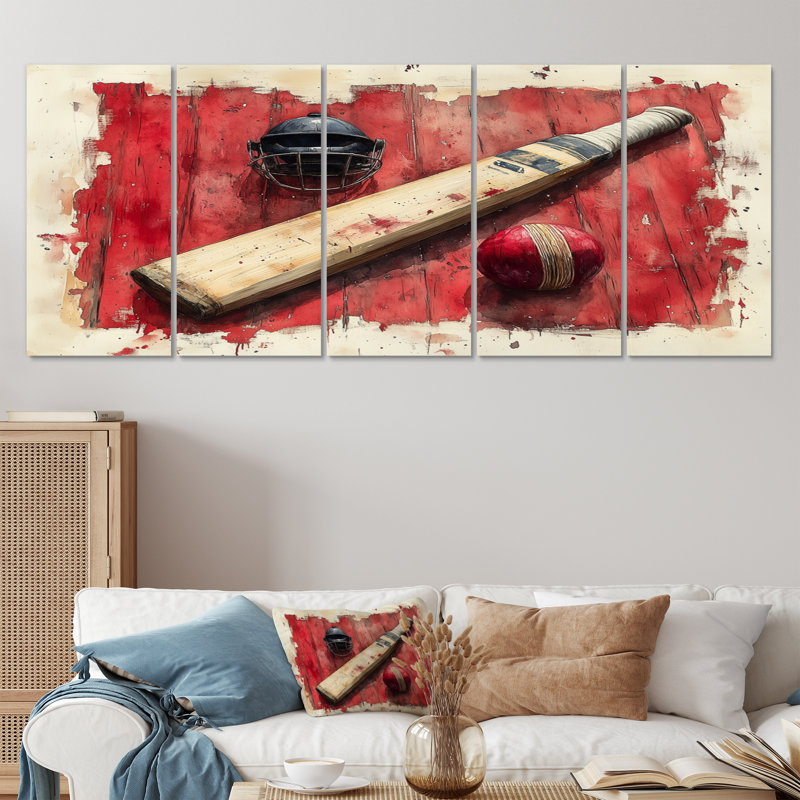 Ensemble de salon de cricket rouge et noir - Cricket Sport Wall Art, H 32 po x l 80 po