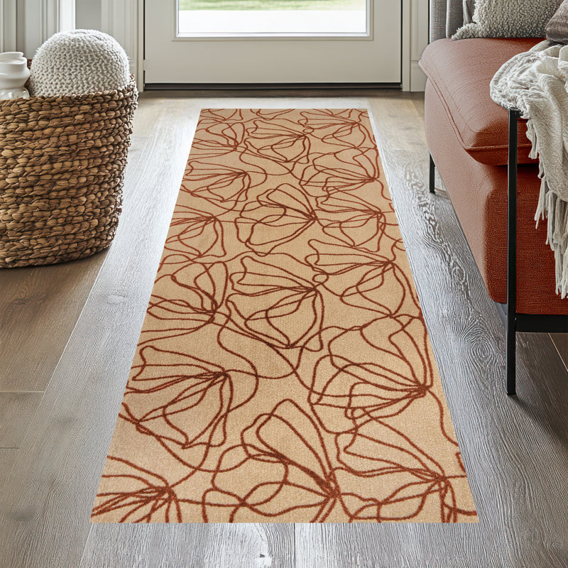 Poppies Rust One-Piece Washable Runner, 28" W x 75" L, Tan;Orange