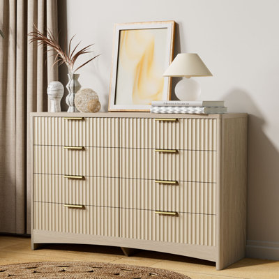 Modern 8 Drawer Dresser, Extra Large Fluted Wood Chest with Gold Handles, Wide Storage Organizer Cabinet for Bedroom, Living room