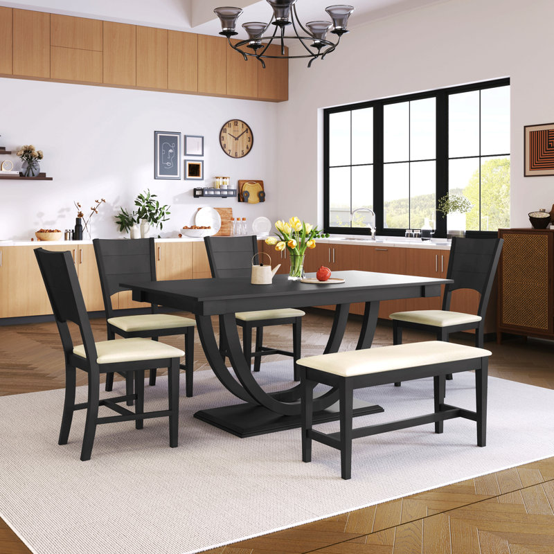 Ensemble de table de salle à manger 6 pièces 6 pièces avec banc long et 4 chaises de style moderne, Noir