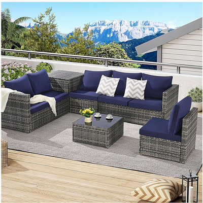 6 Pieces Patio Furniture Set,Outdoor Woven Sectional L- Shaped Patio Furniture ,Wicker Conversation Set with corner table&Glass Top Table for Backyard Poolside