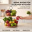 Bol à fruits à 2 niveaux - panier de fruits robuste en fer avec base en bois véritable, grand panier à fruits de 12 pouces pour comptoir de cuisine, coussinets en silicone antidérapants, solution de rangement pour fruits et légumes à 2 niveaux