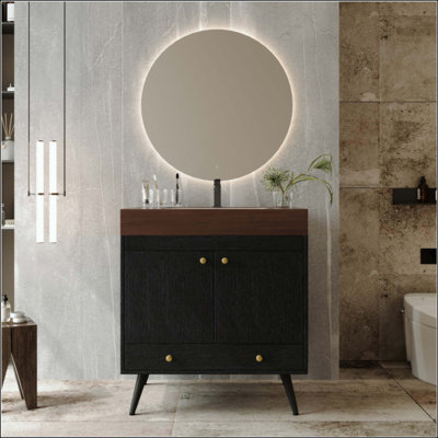 Meuble-lavabo autoportant contemporain avec plateau en faux marbre et lavabo en céramique, armoire de rangement à double porte, bois d'ingénierie imperméable (robinet non inclus)