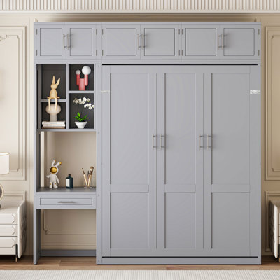 Grand lit gris compact avec bureau et rangement, avec repose-pieds en métal à deux pistons, trois armoires suspendues, un bureau intégré, idéal pour les chambres compactes