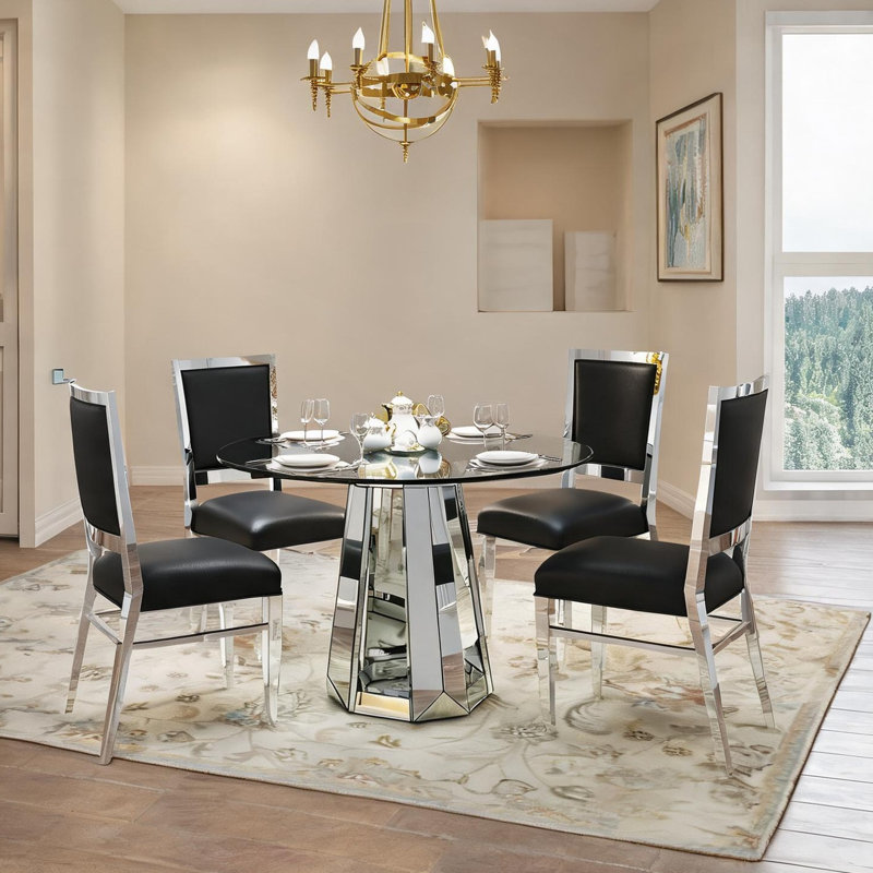 Table de salle à manger ronde en verre trempé pour 4, base piédestal de 47,24 pouces, verre transparent argenté froid, table de salle à manger ou de cuisine minimaliste moderne