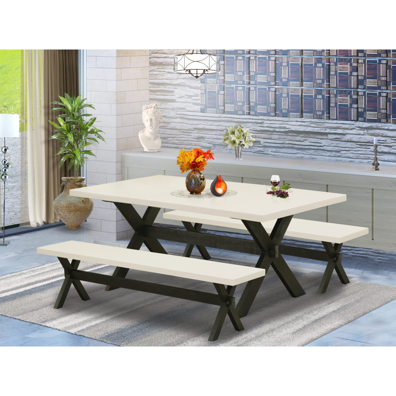 3 Piece Dining Room Furniture Set Contains a Rectangle Kitchen Table with X-Legs and 2 Dining Bench, wire brushed black base finish