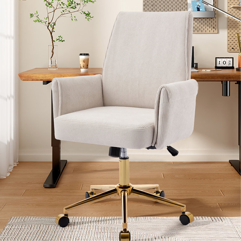Fauteuil de bureau ergonomique rayé en velours côtelé à dossier moyen en velours côtelé blanc