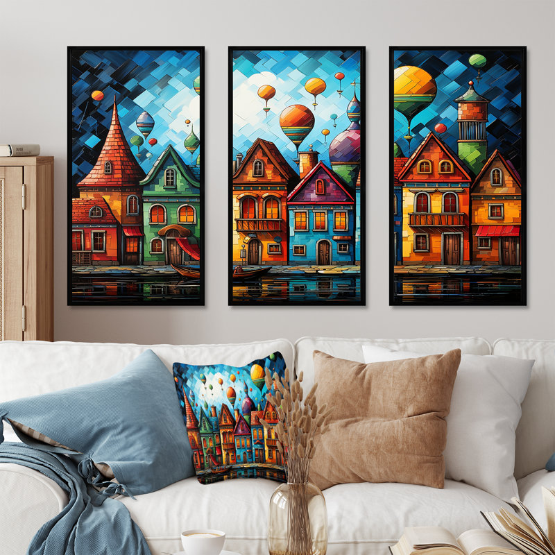 «Fantasy Air Ballon Village I», art mural en montgolfière, Cadre flottant noir, H 40 po x l 60 po