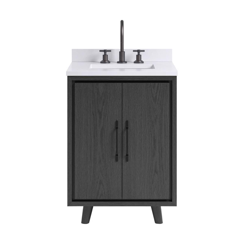 TileBar Studio Vanities Setton Single Vanity with White Quartz Top, Ebony Oak, 24" W