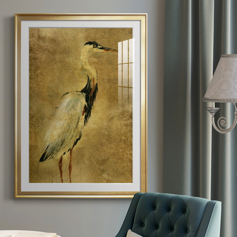 «Gold Crane at Dusk I», peinture sur toile encadrée, Or, H 26,5 po x l 36,5 po x P 1,5 po