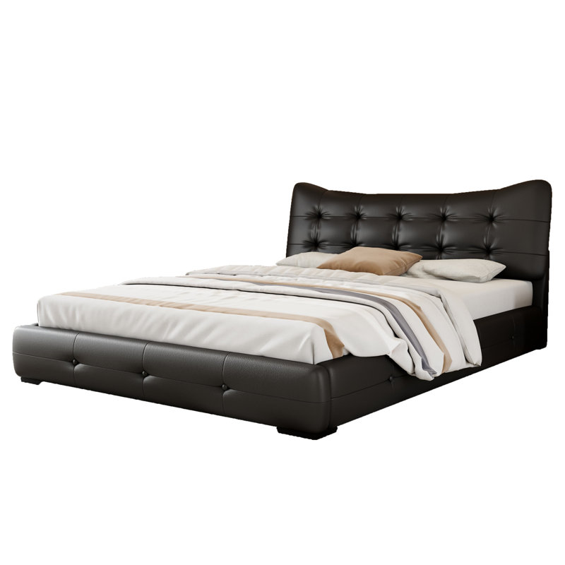 Modern PU Upholstered Queen Bed With Ergonomic Wingback Headboard, No Box Spring Needed, Cream, Noir, noir, noir, noir