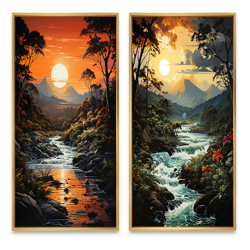 «Rivermountain Sunset Jungle Jubilation», 2 pièces, H 24 po x l 20 po, Encadrement doré