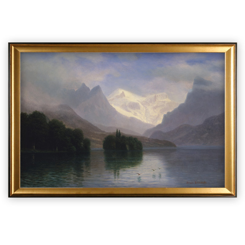 « mountain scene », reproduction de peinture à l’huile, Cadre doré, Blanc mat, H 20 po x l 24 po x P 1,5 po