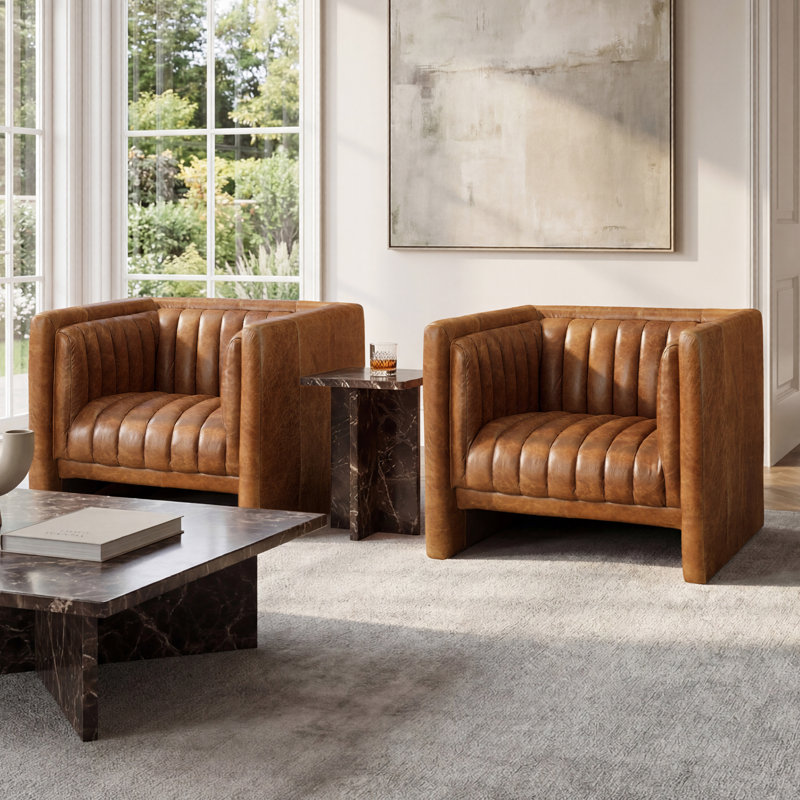 Broderic 38" W Full-Grain Leather Upholstered Square Channel Tufted Barrel Accent Armchair, Single Sofa (Set of 2), Camel