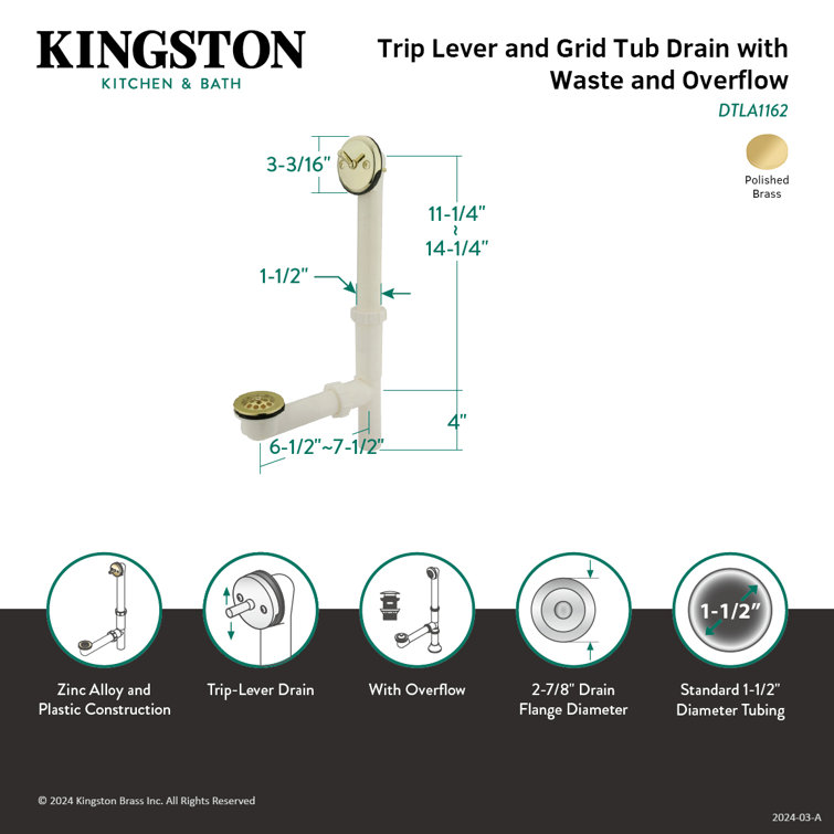 Kingston Brass Made To Match 14-Inch Plastic Trip Lever Tub Waste and Overflow with Grid Strainer