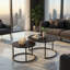 Ensemble de 2 tables d'appoint modernes modernes en similicuir avec base en métal noir, table d'appoint pour salon, brun foncé-1183117300