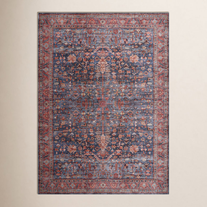 Lotte Oriental Machine Washable Flatweave Area Rug in Navy Blue/Brick Red, Rectangle 4' x 6'