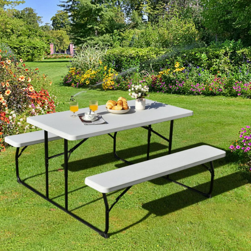 Ensemble de banc de table de pique-nique intérieur et extérieur pliable avec texture de bois, Blanc