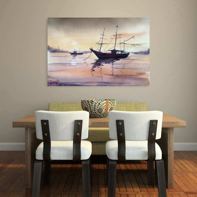Coucher de soleil, bateaux, réflexion, paisible, serein, tranquille, coucher de soleil, reproduction d'art sur la plage