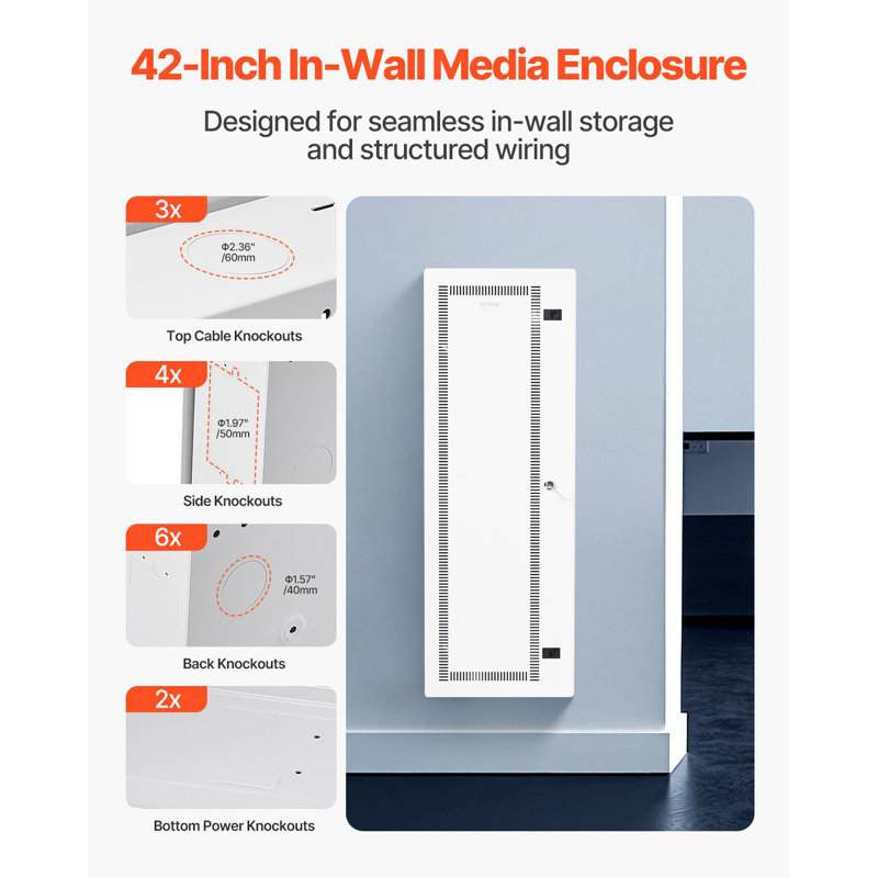 Enceinte média, 42 pouces, centre média structuré avec porte à charnières ventilée, boîtier de gestion des câbles, armoire multimédia à câblage structuré, boîtier média électrique encastré, pour distribution réseau