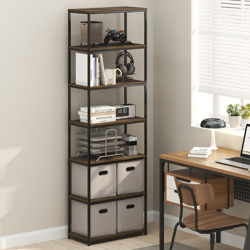 Furinno SIMPLISTIC Book Shelf, 7-Tier Bookshelf, Metal Frame Bookcases, Metal Storage Shelves, Storage and Organization, 11.8 x 23.6 x 74.9, for Living Room, Home Office, Bedroom, Amber Pine