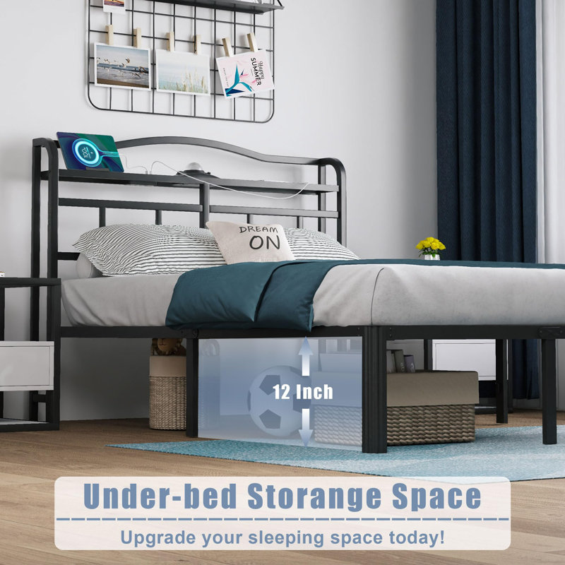 Metal Bed Frame 14 Inch With Headboard & Charging Station Galaxy Aurora Projector, Full