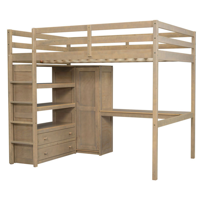 Lit mezzanine pleine grandeur en noyer avec armoire intégrée, bureau et tablettes pour le développement de la chambre à coucher avec atmosphère de tiroirs