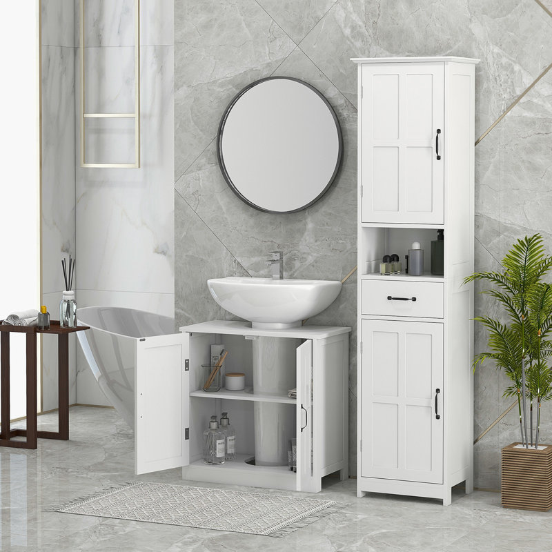 Meuble-lavabo de salle de bain Space, blanc, avec tablette réglable, étagère intérieure blanche