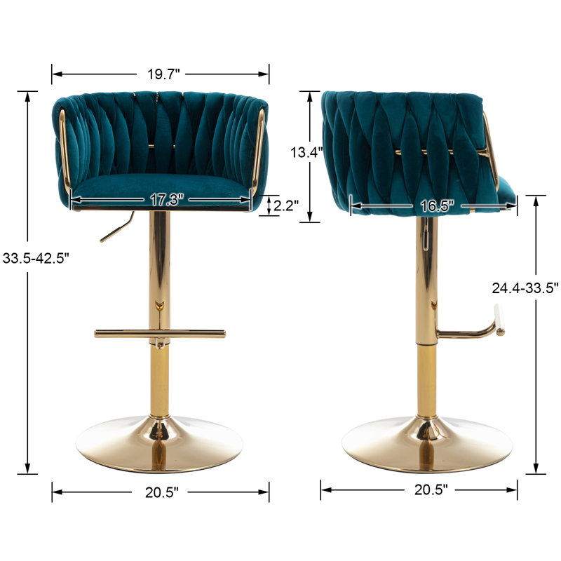 20.5" W Adjustable Height Swivel Velvet Bar Stool with Metal Base (Set of 4), Teal