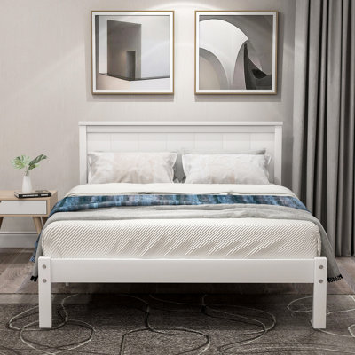 White Twin Platform Bed, Headboard & Wood Slat Base, Box Spring And Long-Lasting Support, No