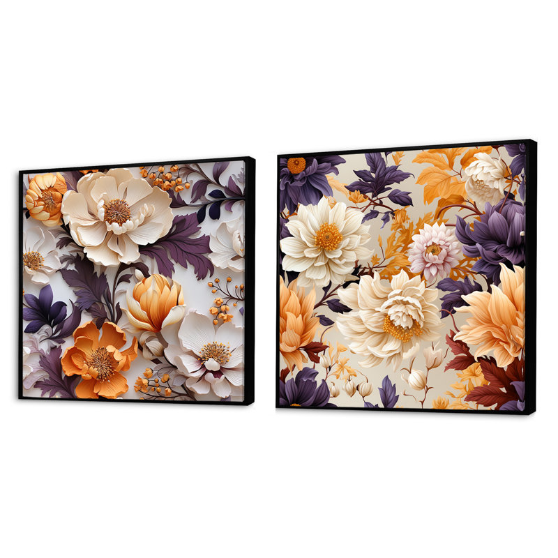 Janes - Ensemble de 2 collages carrés floraux, H 16 po x l 33 po, Cadre flottant noir