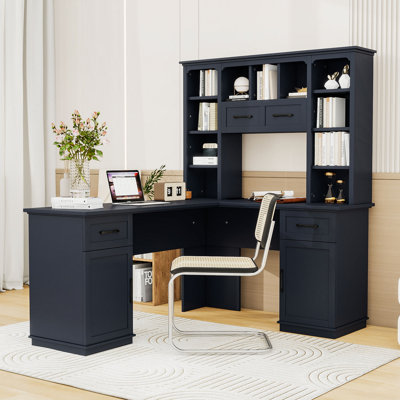 2-in-1 L-Shaped Computer Desk with Built-in Charging Station, Storage Cabinet and Open Shelves