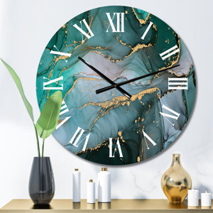 Turquoise and Gray Luxury Abstract Fluid Art II - Modern Wall Clock