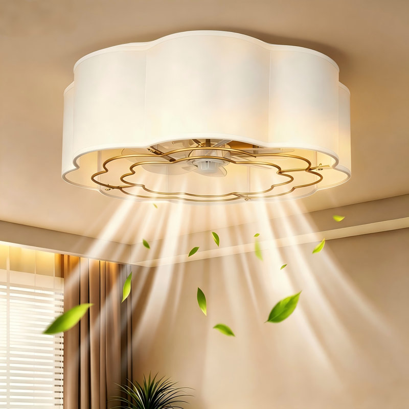 Ventilateur de plafond encastré en tissu festonné beige moderne de 20 po avec lumière, ventilateur CC réversible caché à 7 pales avec télécommande pour chambre de bébé