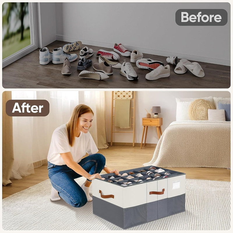 Grand organisateur à chaussures pliable avec séparateurs ajustables et couvercle transparent – ​​Boîte de rangement renforcée pour garde-robe, chambre et entrée