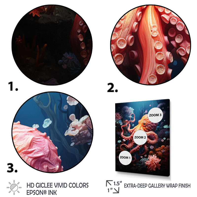Reproduction d'art sur toile Coral Teal Octopus - animaux, H 40 po x l 30 po x P 1,5 po, Cadre photo doré