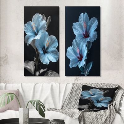 «Blue Crystal Hibiscus Botanical Beauty II», ensemble de 2 décorations murales en métal nature - imprimé sur métal