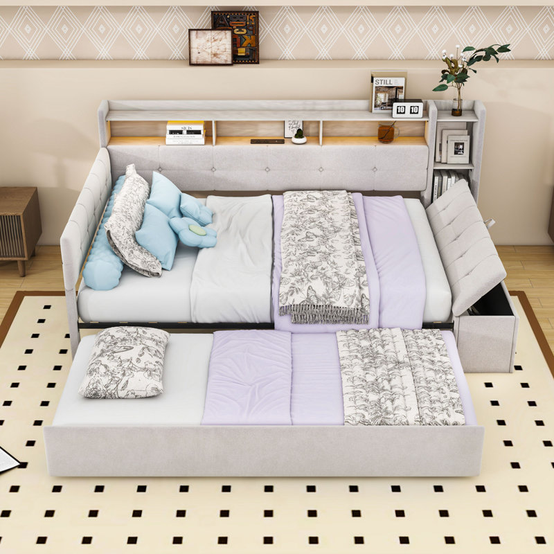 Upholstered Daybed with Trundle, Charging Station and LED, Beige, Full
