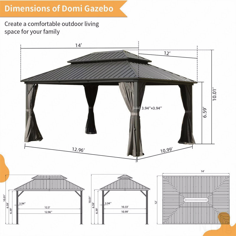 Moustiquaire en aluminium 12X14FT, moustiquaire pour l'extérieur avec double toit en acier galvanisé, Gris