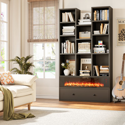 65" Bookcase With Drawers and 36" Decorative Electric Fireplace (No Heat), 4-tier Open Bookshelf With Fireplace and 11 Storage Cubes,  modern Storage Accent Bookshelf For Home, Office, Living Room,black