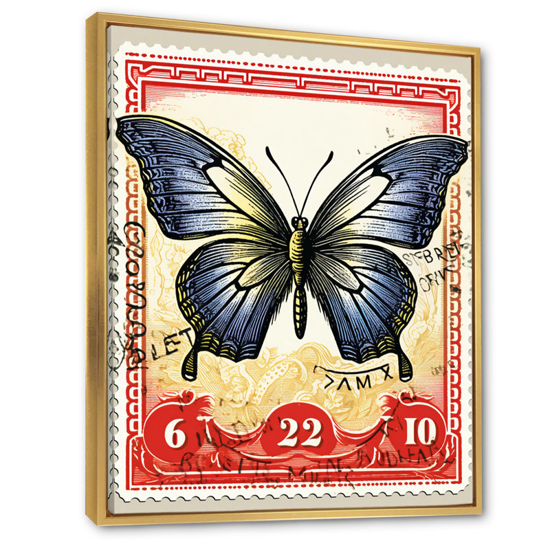 Illustration rétro d'un papillon bleu I, Cadre flottant doré, H 32 po x l 24 po x P 1 po